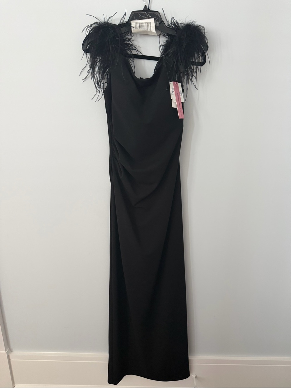 AQUA Black Feather-Trim Evening Gown